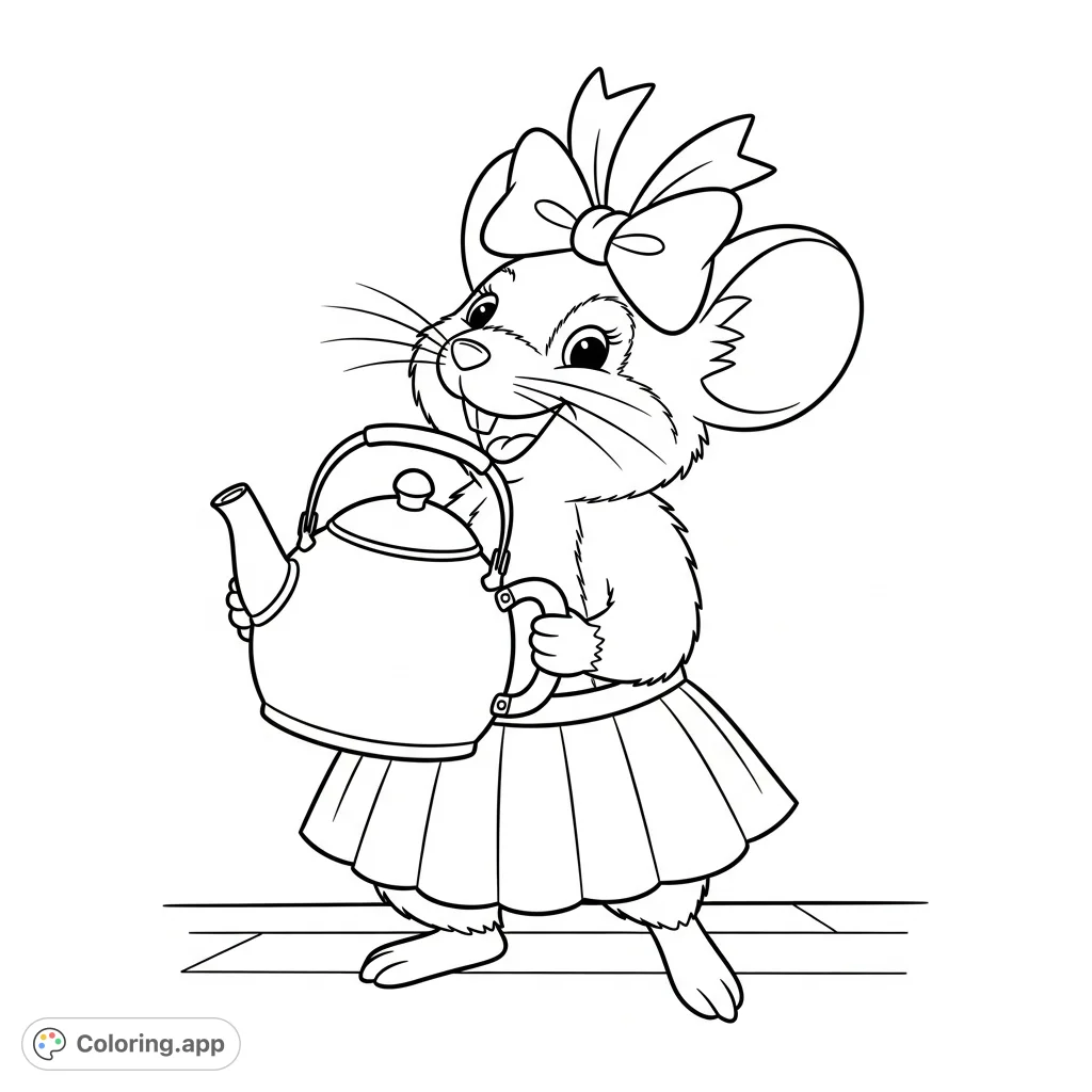 A delightful Miss Mousie stands smiling, holding a tea kettle, adorned in a skirt and bow. Perfect for a charming and whimsical coloring adventure.
