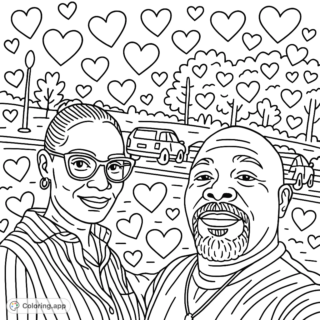 Capture a cheerful duo in a cartoony style with bold outlines and charming heart patterns. A detailed portrait perfect for creative expression.