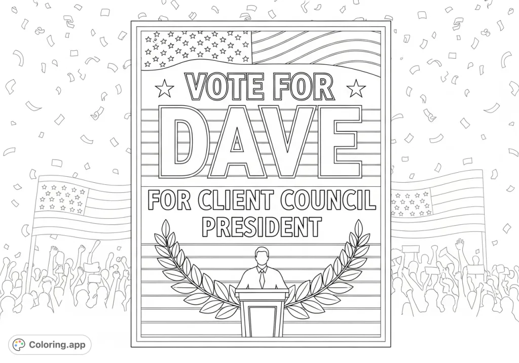 A dynamic campaign poster featuring "VOTE FOR DAVE FOR CLIENT COUNCIL PRESIDENT" with stars, stripes, and a confident silhouette, perfect for civic engagement.
