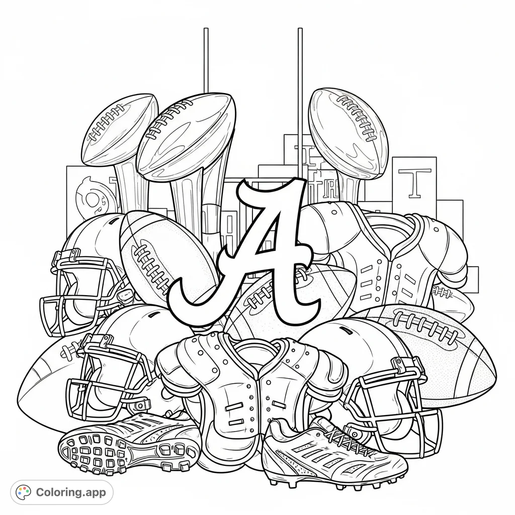 Celebrate victory with this dynamic Alabama "A" coloring page, surrounded by footballs, gleaming trophies, and iconic gear. Perfect for fans!