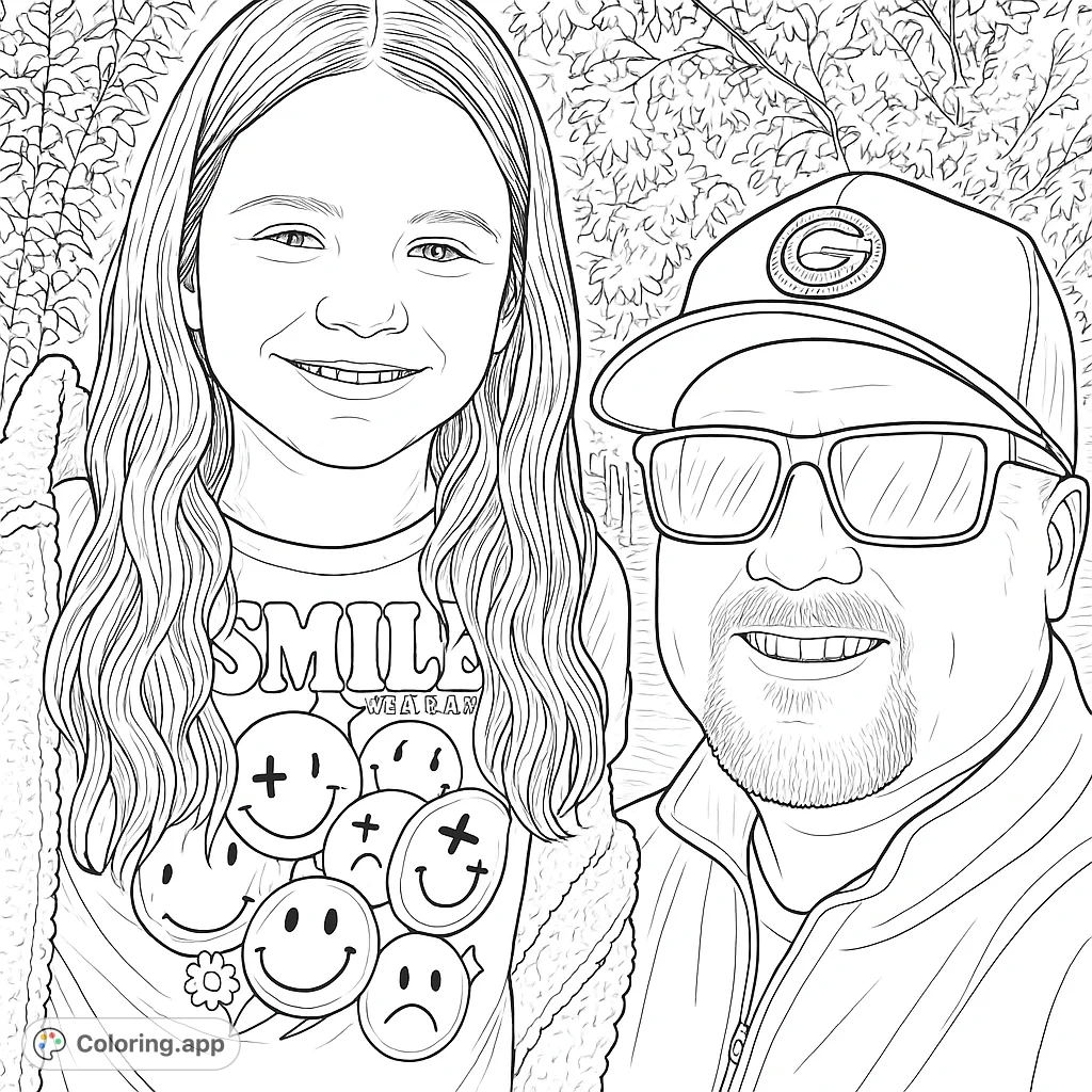 A heartwarming coloring page featuring a smiling girl and man, captured in a joyful outdoor moment. Perfect for family fun and creative expression.
