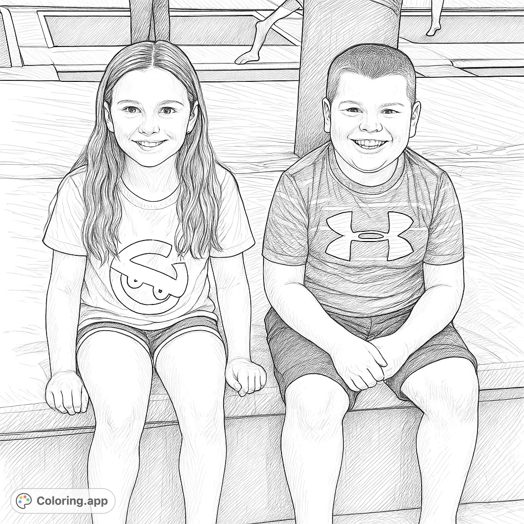 Two cheerful children, a girl and a boy, sit together at an indoor activity park, ready for a fun and detailed coloring adventure.