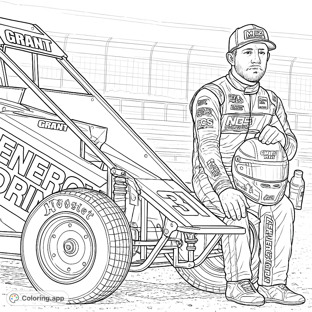 A detailed racing coloring page featuring a sprint car driver seated next to his open-wheel race car at the track, perfect for motorsports fans.