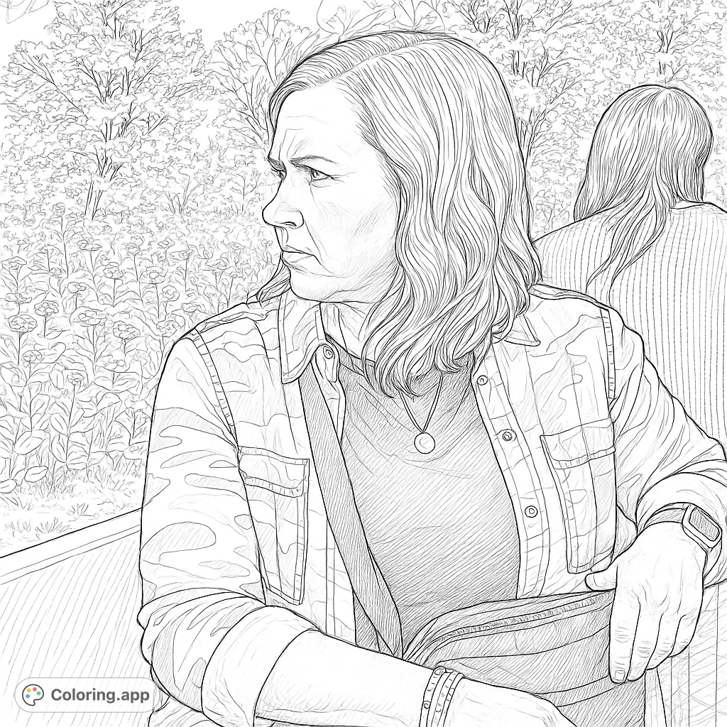 A detailed coloring page featuring a woman in a camouflage jacket, seated in a wagon amidst a vibrant flower field, perfect for realistic coloring.
