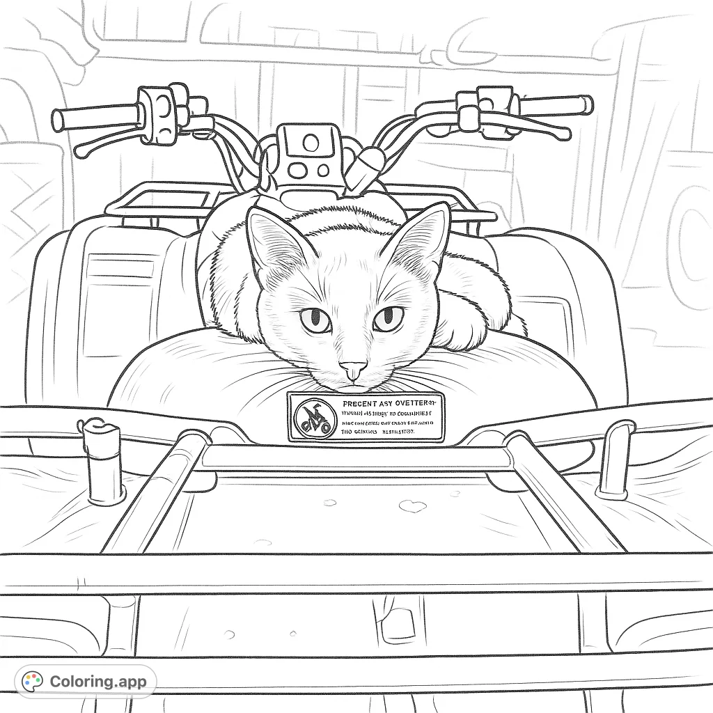 A charming cat rests on a rugged ATV, ready for adventure. This detailed coloring page offers a fun challenge for animal lovers and vehicle enthusiasts.
