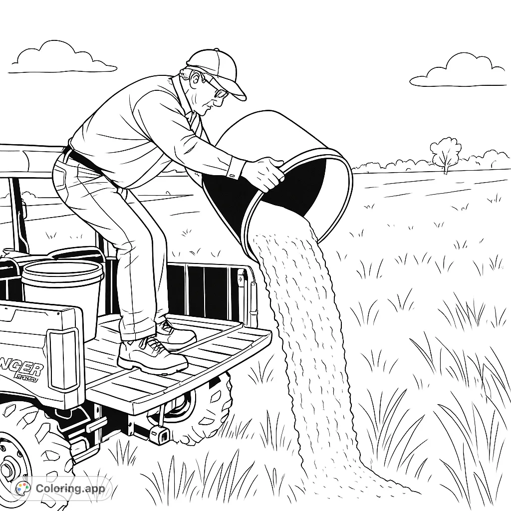 A farm hand pours feed from a bucket into a field from a utility vehicle. A dynamic scene of rural work, perfect for those who love farm life.