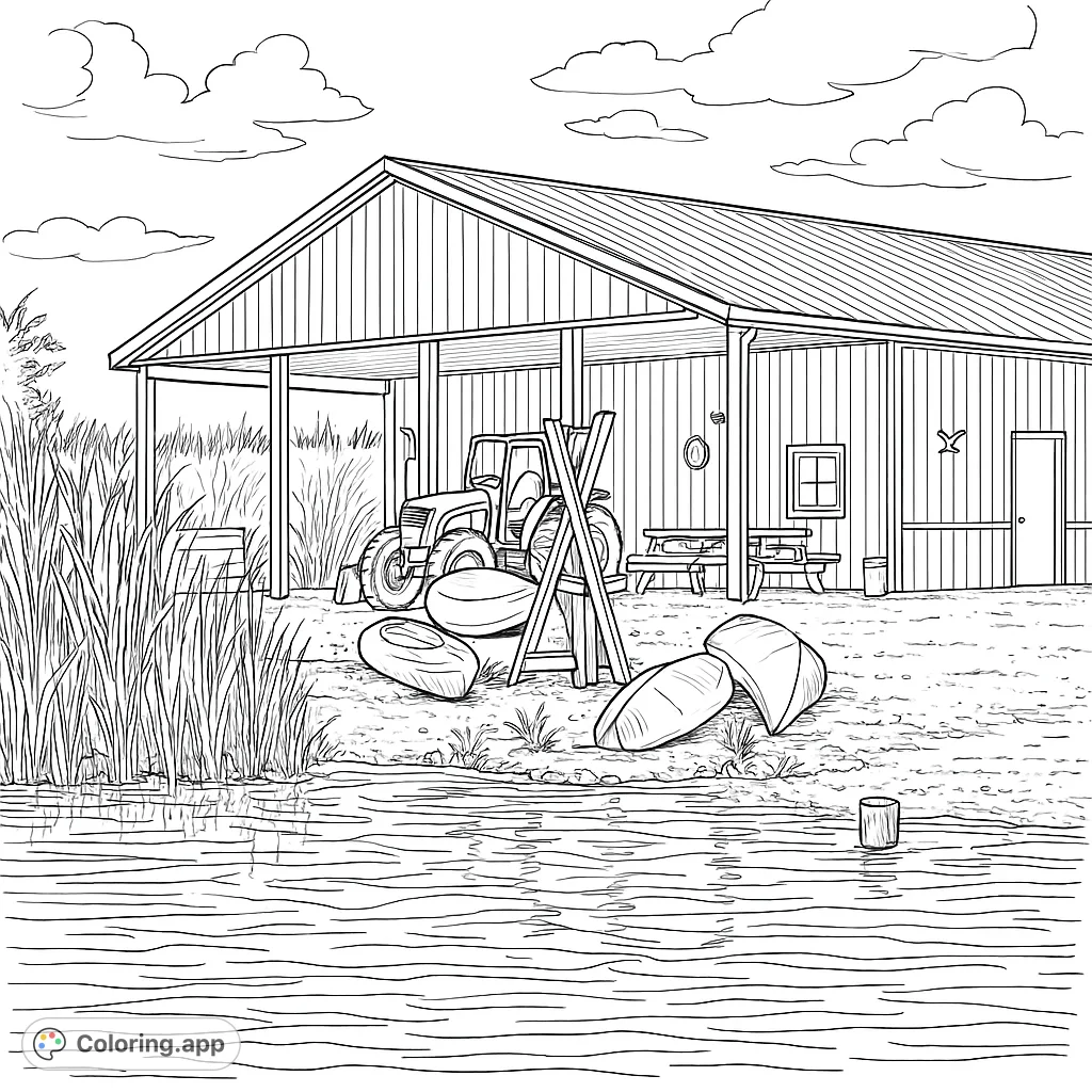 Explore a detailed lakeside boathouse scene with boats, a tractor, and natural elements. Perfect for a realistic coloring experience.