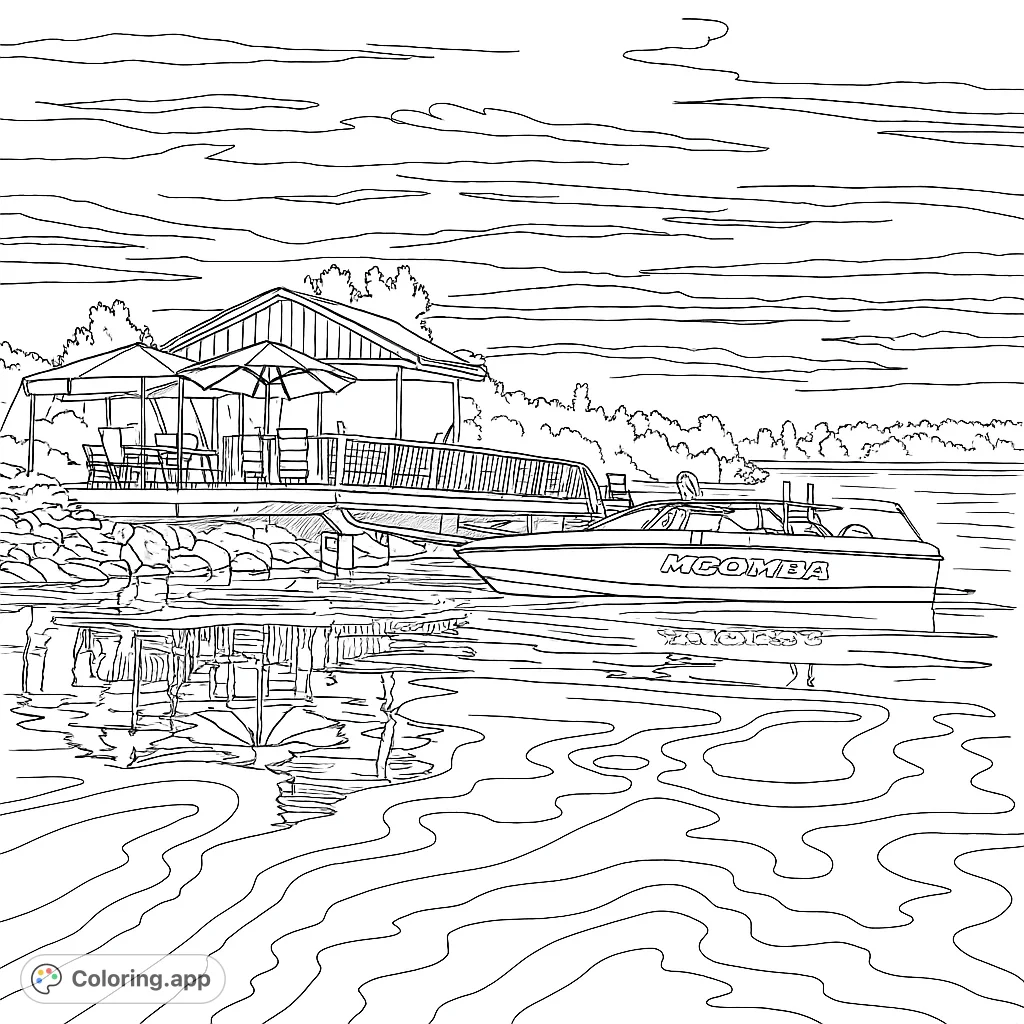 A detailed waterfront retreat coloring page featuring a serene lakeside scene with a boat docked next to a shelter, complete with umbrellas and reflections on the water.
