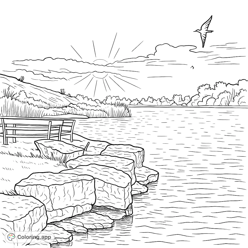 Capture the peaceful beauty of a lakeside sunset with a soaring bird, textured rocks, and a cozy bench. A serene nature scene for mindful coloring.