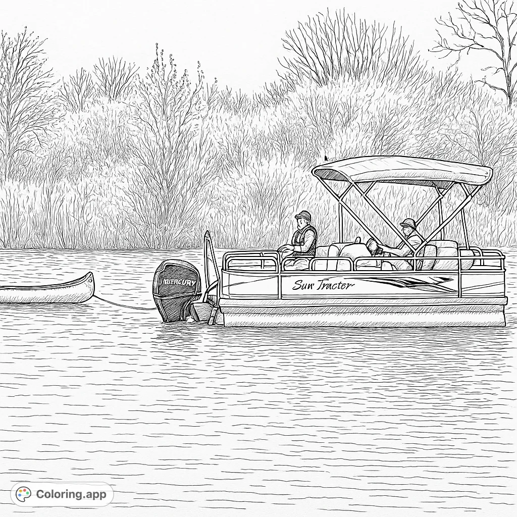 Embark on a serene lake adventure with this detailed pontoon boat coloring page. Features a boat, passengers, and a towed canoe against a lush natural backdrop.