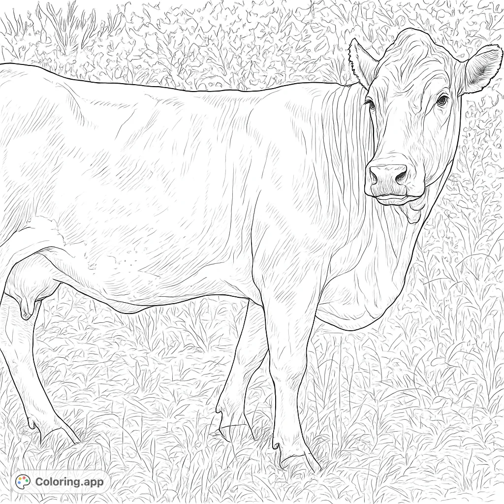 A detailed, realistic cow coloring page, perfect for animal lovers. Features intricate fur textures, an ear tag, and a natural outdoor setting.