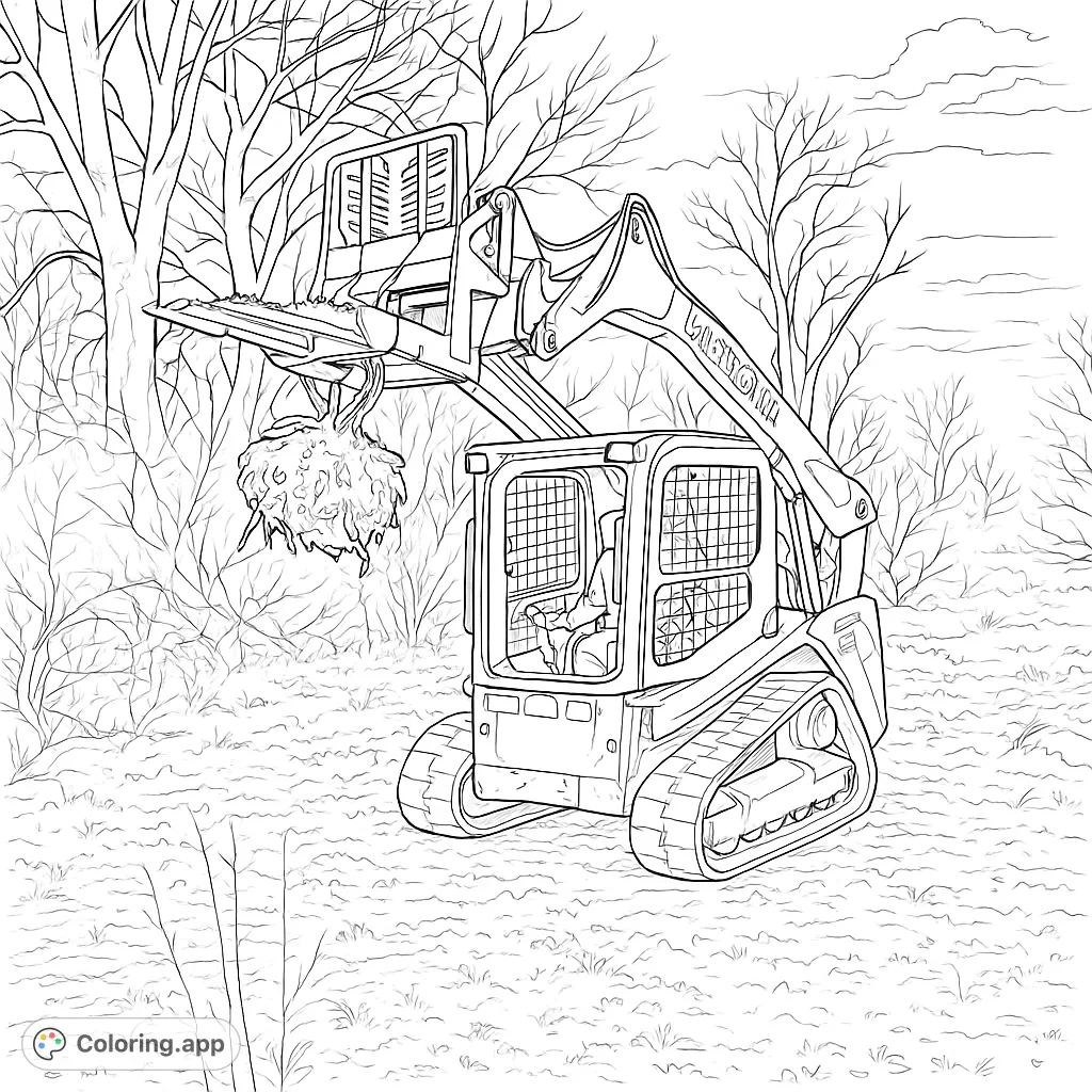 A powerful skid steer with a tree shear attachment lifts a tree stump, showcasing heavy machinery at work in a rugged outdoor setting.