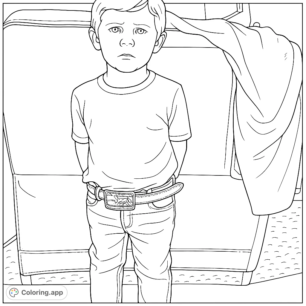 A charming coloring page featuring a young boy in jeans and a detailed belt buckle, standing in a casual indoor setting. Perfect for personalizing.