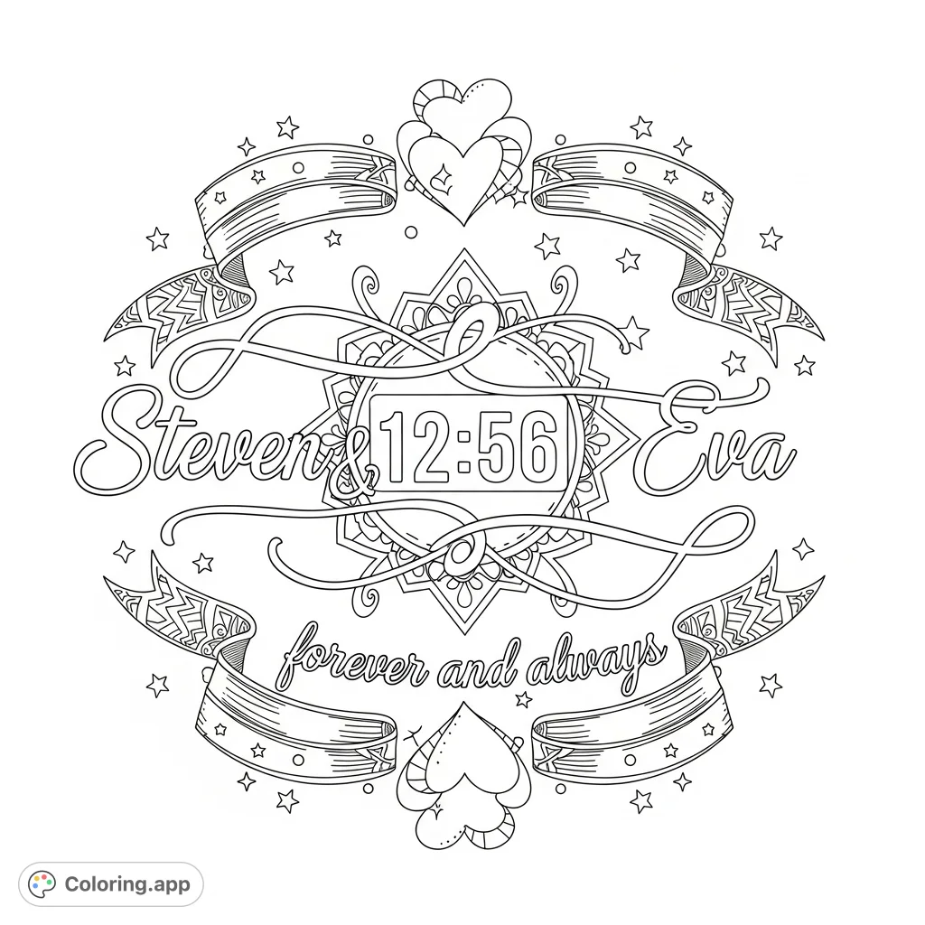 Celebrate enduring love with this romantic coloring page featuring "Steven" and "Eva," a significant time, and the heartfelt ...