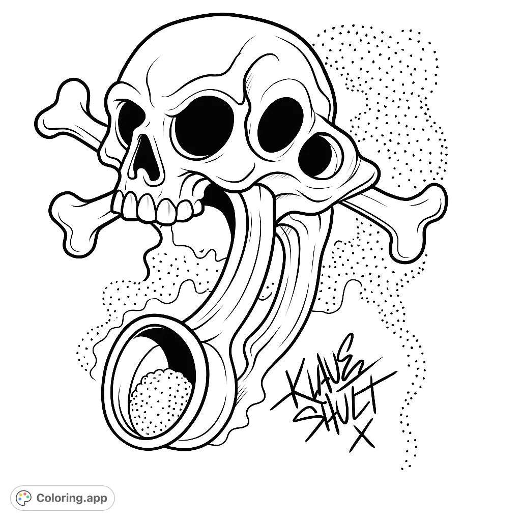 Intricate mechanical skull and crossbones design, featuring engine parts and a unique stippled background. A challenging and engaging coloring experience.