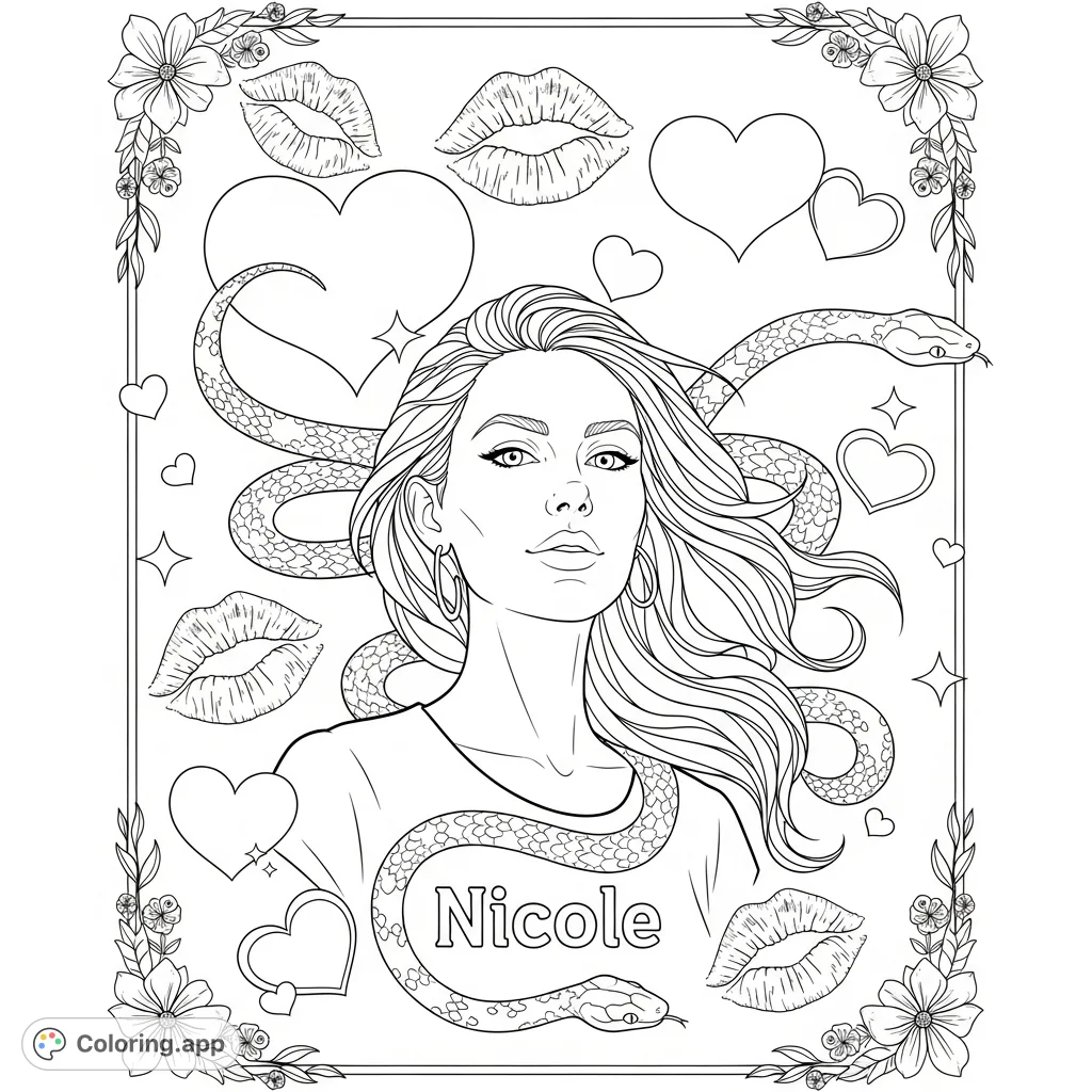 A unique Nicole coloring page featuring a stylized character surrounded by playful hearts, kiss marks, and elegantly winding snakes. Perfect for creative expression!