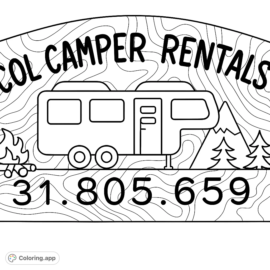 An adventurous camper scene featuring an RV, campfire, mountains, and trees, set against a topographic map background. Perfect for outdoor enthusiasts.