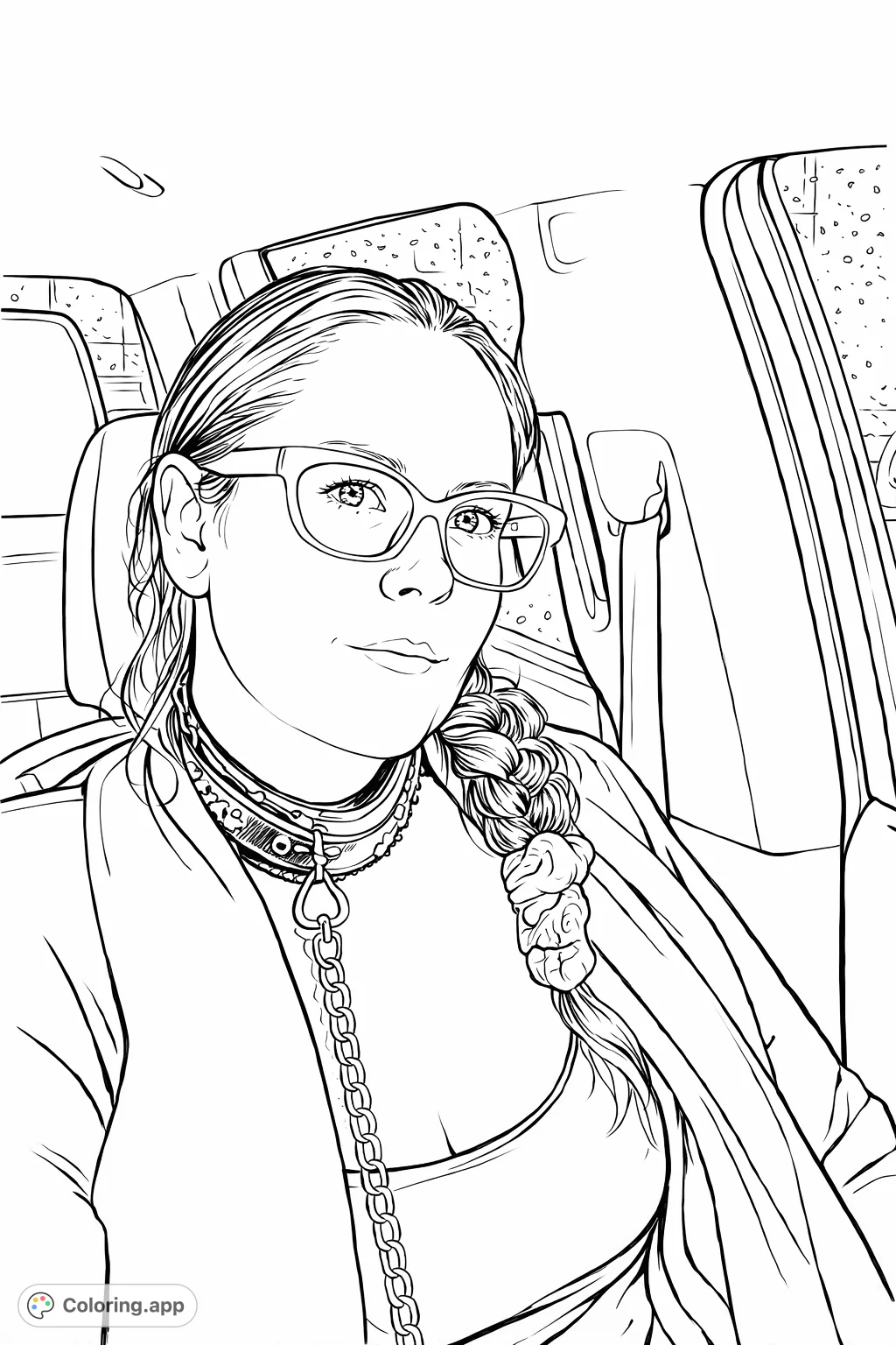 A captivating portrait of a person in a car, featuring distinctive glasses and a detailed collar with a chain, inviting creative expression.