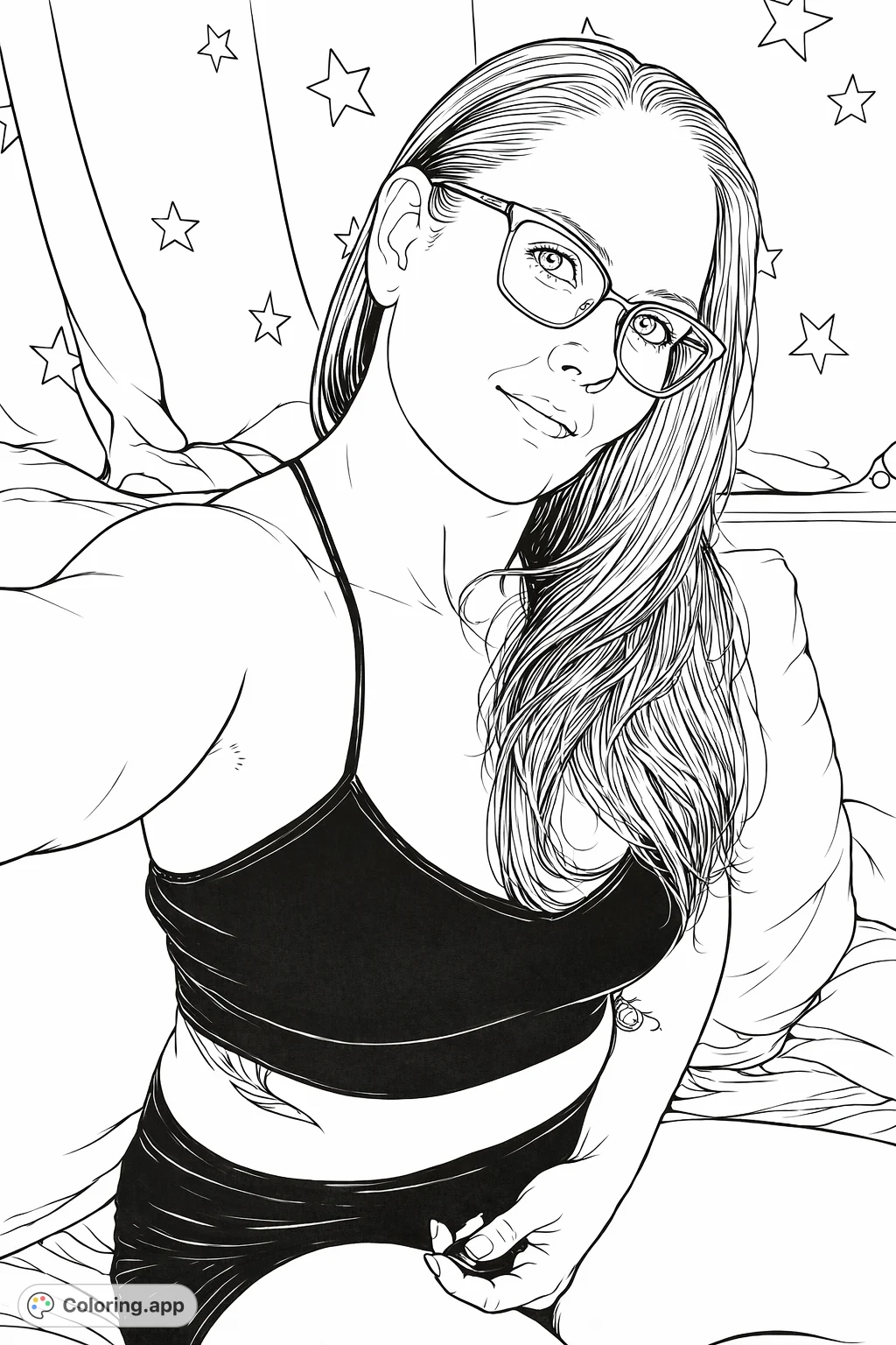 A captivating portrait of a woman in glasses with a star-patterned background and a unique torso tattoo. Perfect for expressive coloring and personal touches.