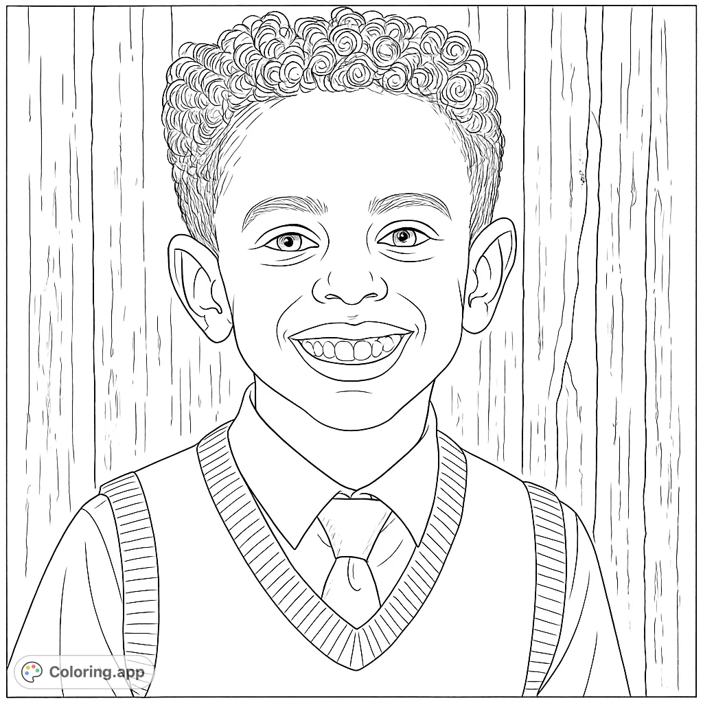 A cheerful young boy in school attire smiles broadly against a textured wooden background. Perfect for kids and adults to personalize.