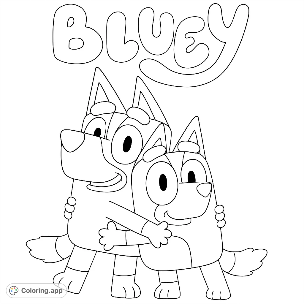 A heartwarming cartoon characters coloring page featuring two beloved dog-like characters in a friendly embrace, perfect for young fans.
