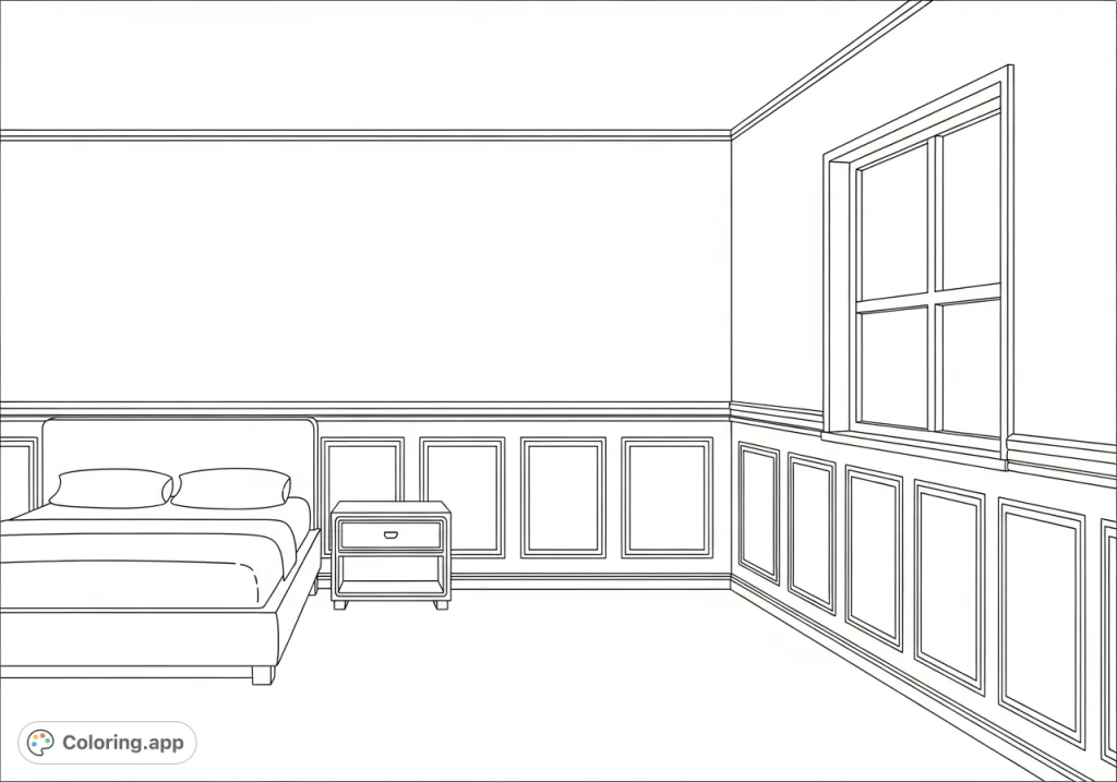 Explore a detailed bedroom scene featuring a bed, nightstand, window, and intricate wainscoting. A perfect free printable coloring page for home decor enthusiasts.
