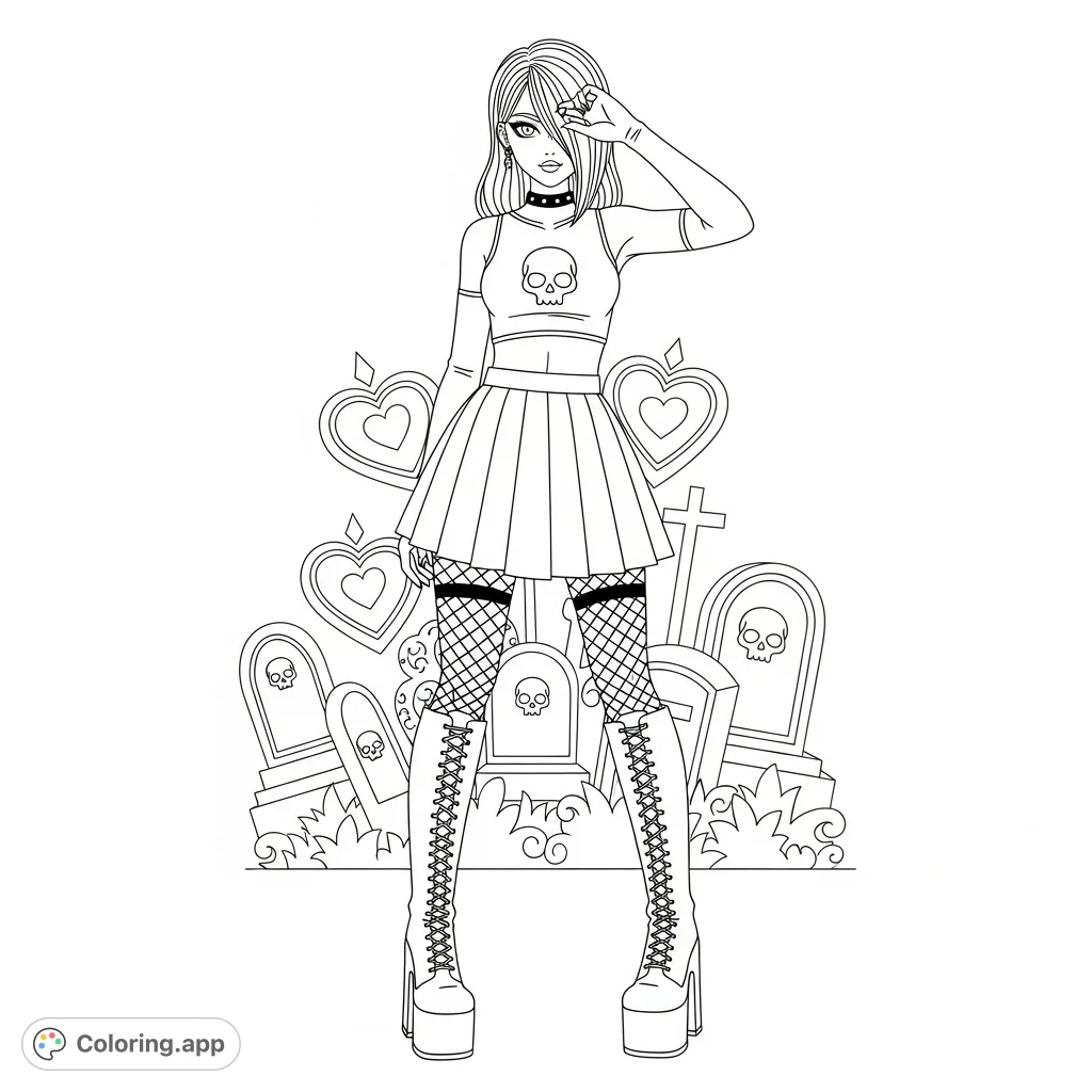 An edgy gothic anime girl in a pleated skirt, fishnets, platform boots, and a skull crop top. Perfect for fans of alternative fashion and anime art.