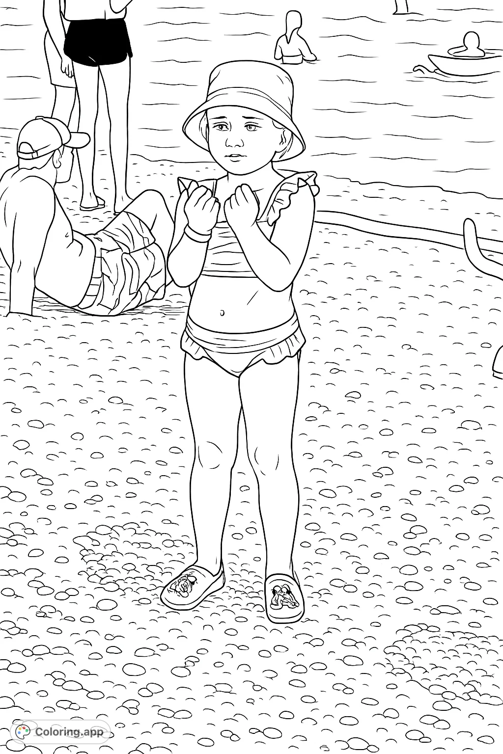 A delightful coloring page featuring a young girl enjoying a sunny day on a pebbly beach, perfect for summer fun and creative expression.