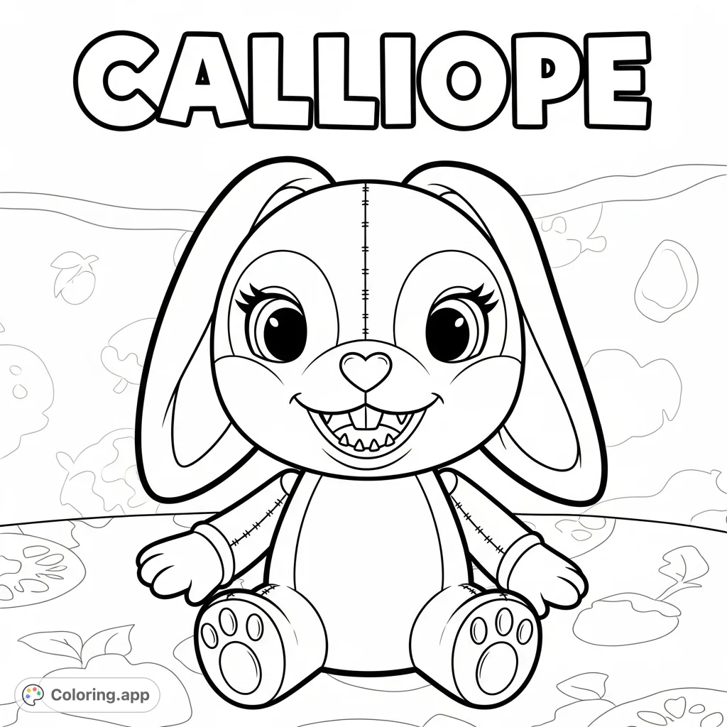 A unique bunny doll with a round face, pointed teeth, and doe-like eyes, featuring 'CALLIOPE' in block letters. A charming and distinctive character.