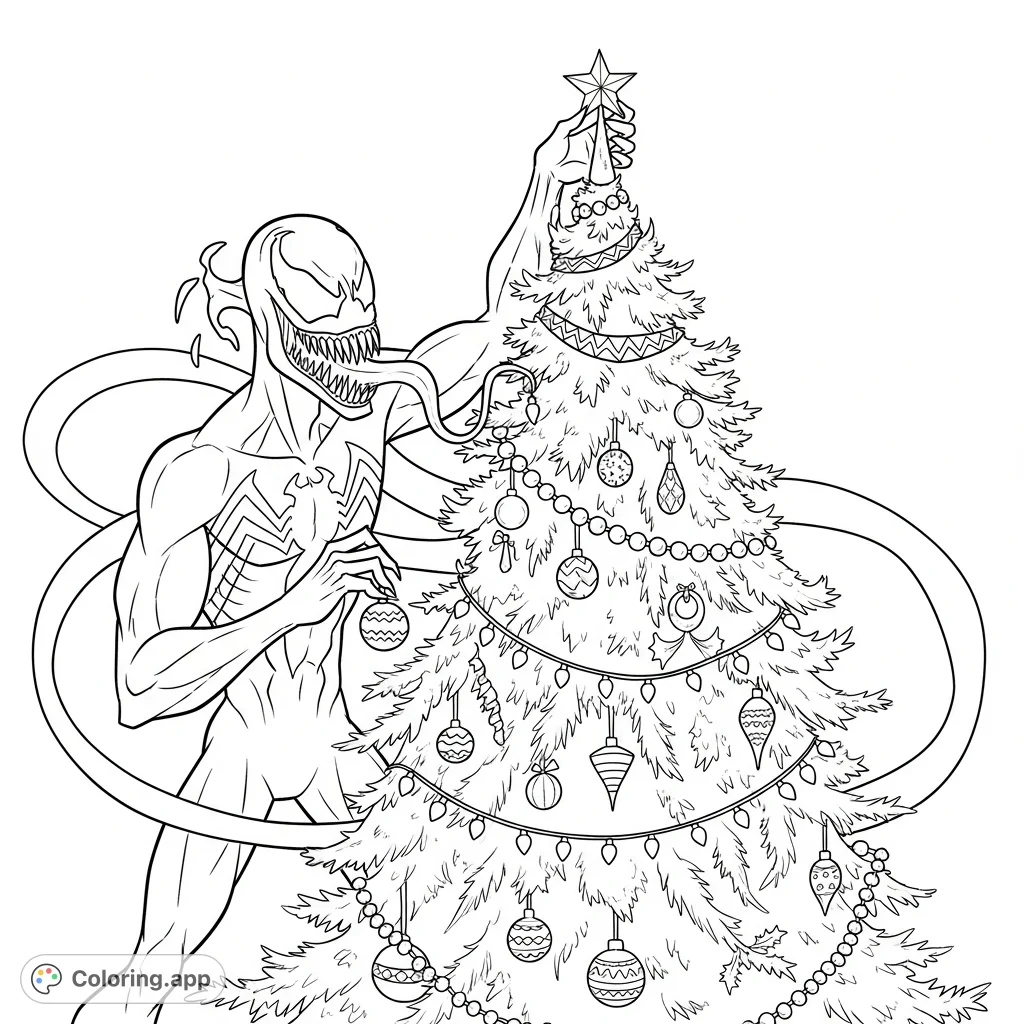 Witness Venom's unexpected festive side as the anti-hero adorns a tall Christmas tree with unique ornaments and string lights, ready for holiday cheer!