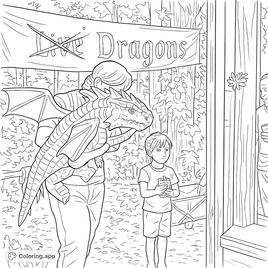 Experience a magical dragon encounter! A detailed dragon figure is held by a person, while a child looks on, surrounded by a festive outdoor setting.
