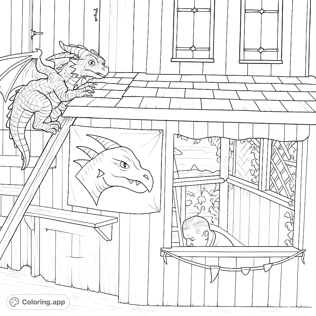 A whimsical scene featuring a dragon perched on a shingled roof, overlooking a person in a window below a dragon banner. Perfect for fantasy fans!