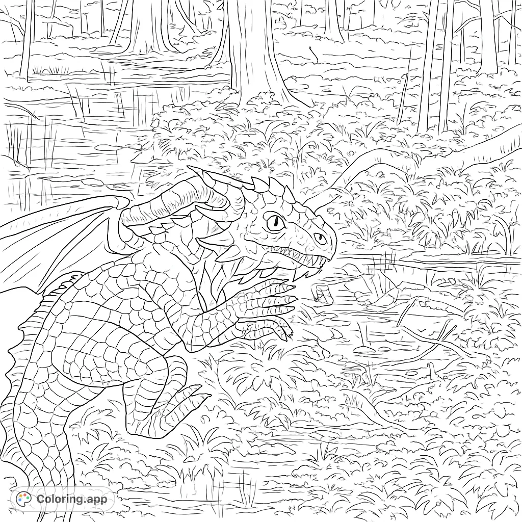 Discover a majestic dragon in a lush forest setting, ready for your creative touch. Intricate scales and a detailed background await your colors.