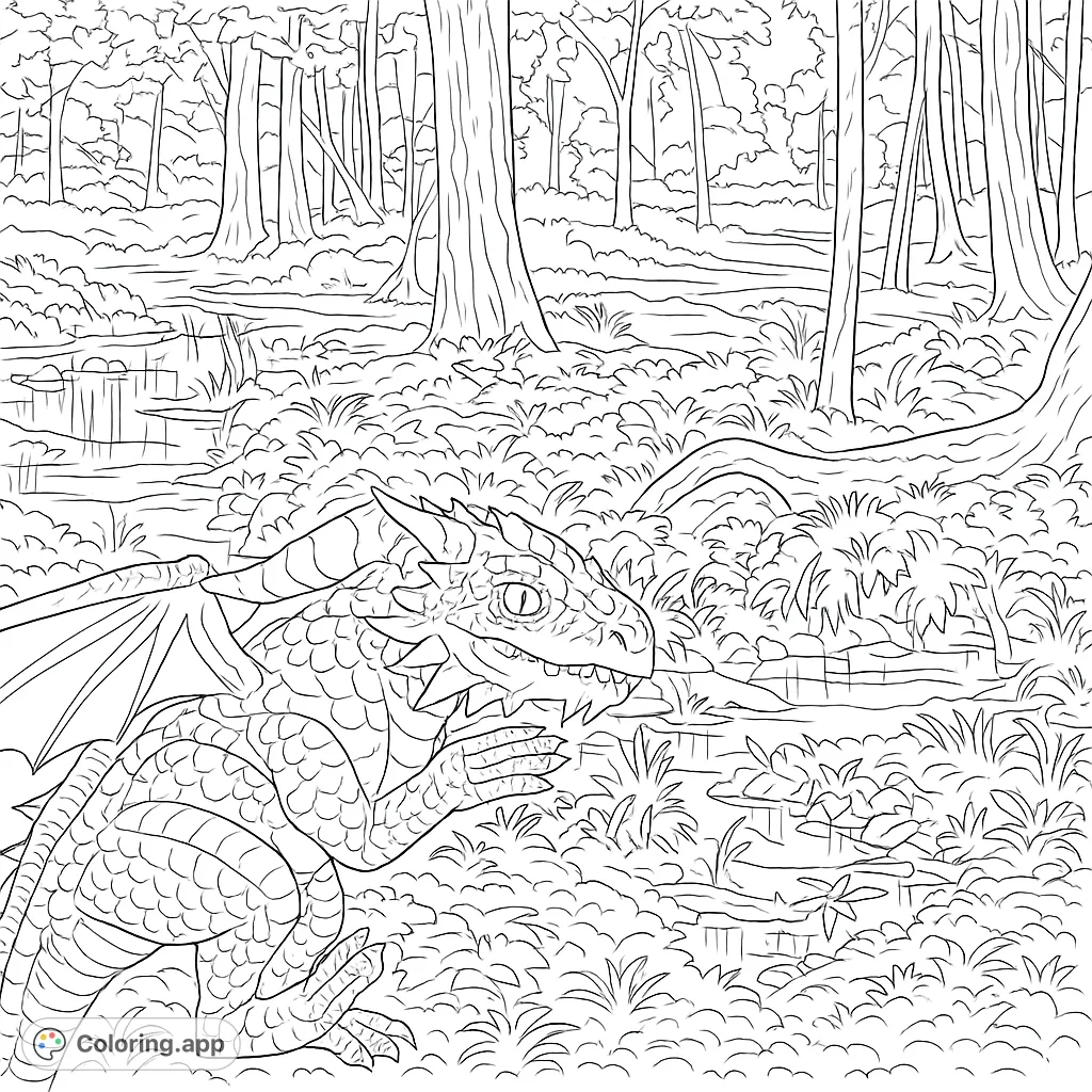 A majestic dragon rests in a lush, ancient forest. Intricate scales and powerful wings await your creative touch in this fantasy scene.