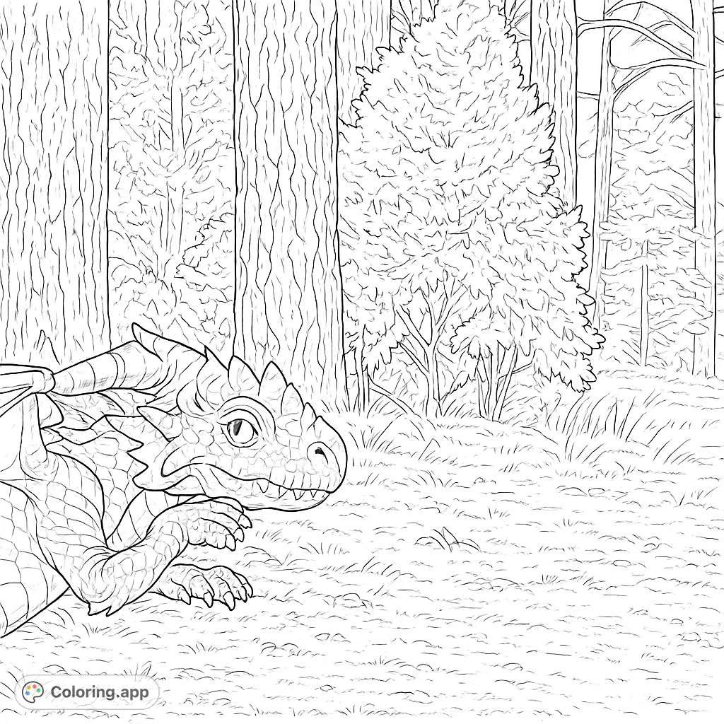 A majestic dragon peeks from a dense forest, its scales and horns detailed for an exciting coloring adventure. Perfect for fantasy fans.