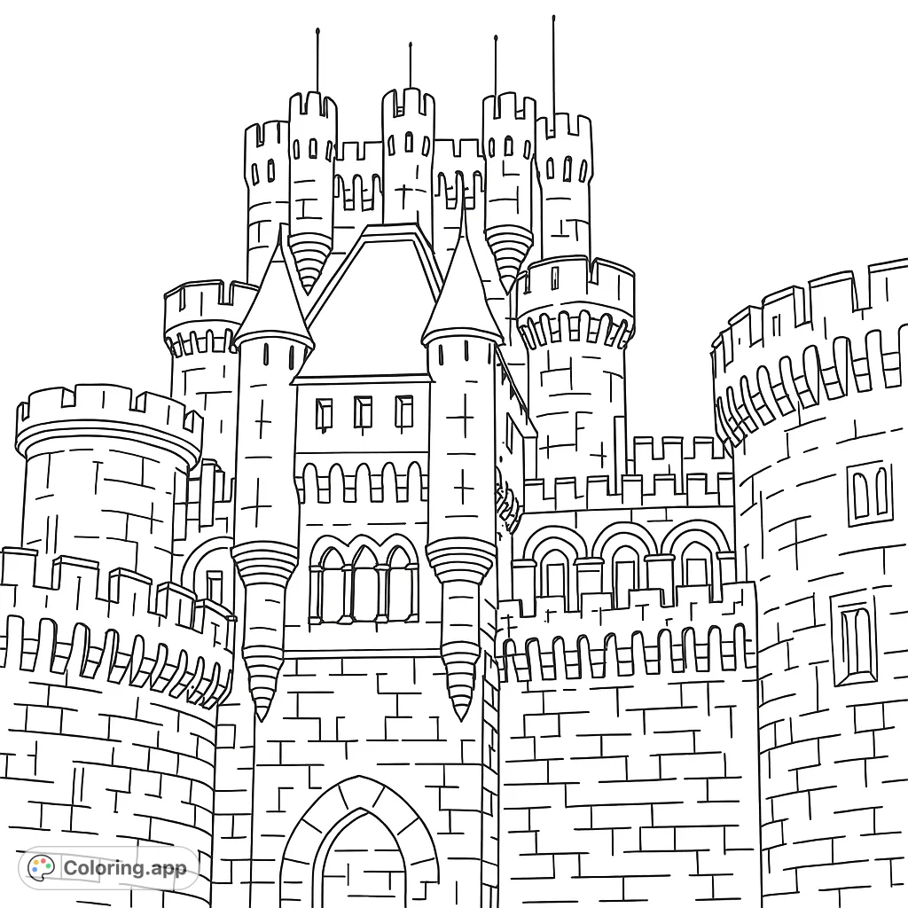 Explore a majestic medieval castle coloring page, featuring intricate stone walls, towering turrets, and detailed battlements. A challenging architectural design.