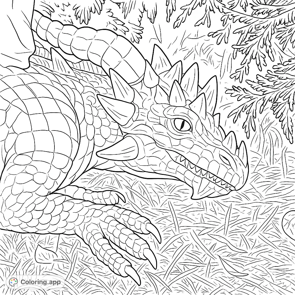 Discover a majestic dragon resting amidst dense foliage. This intricate coloring page features detailed scales, sharp spikes, and a powerful claw.