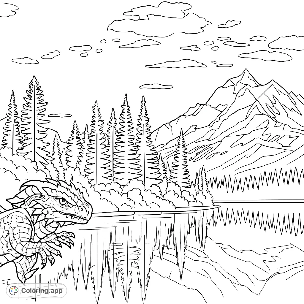 A majestic dragon emerges from a serene mountain lake, surrounded by a dense forest and towering, snow-capped peaks under a vast sky.