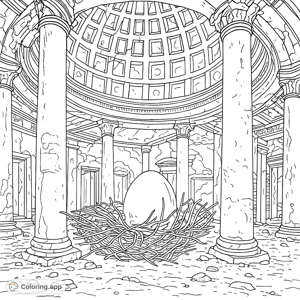 Discover a mysterious egg nestled in a rustic nest, set within a grand, crumbling ancient hall with towering columns and a detailed domed ceiling. A captivating scene.