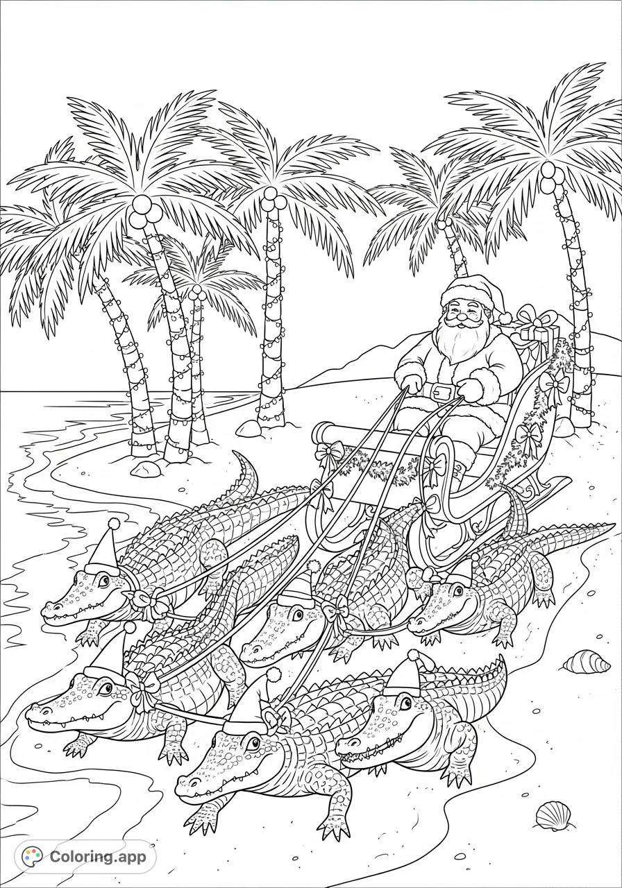 Experience a unique Florida Christmas with Santa Claus and his team of alligators pulling a festive sleigh across a sandy beach. A whimsical holiday scene!