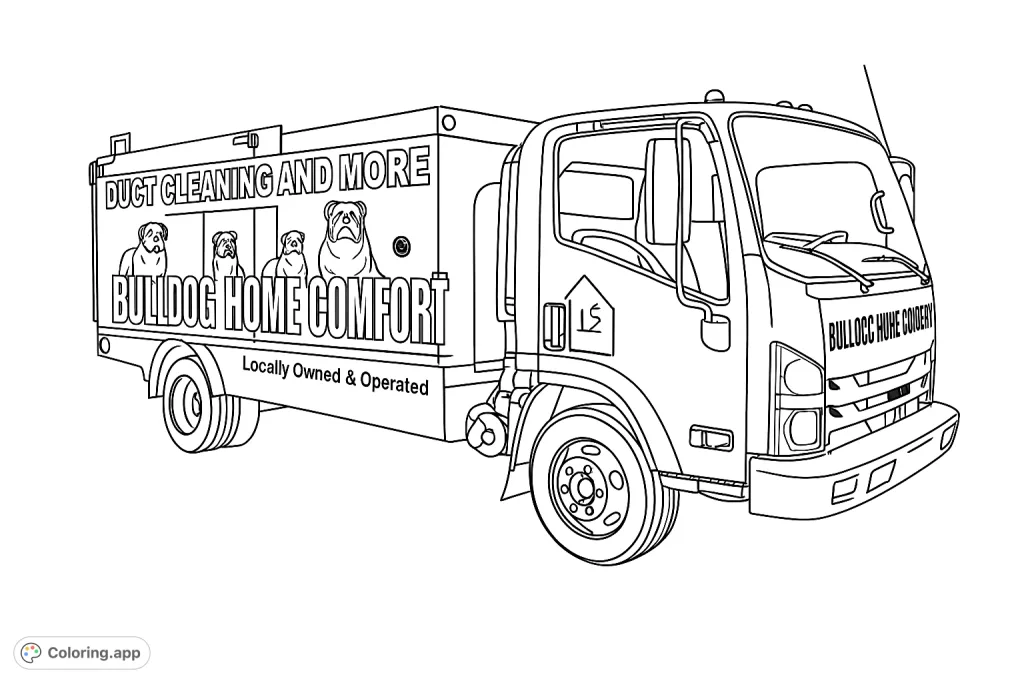 Color a detailed service truck featuring four charming bulldogs and bold text. Perfect for vehicle enthusiasts and animal lovers.