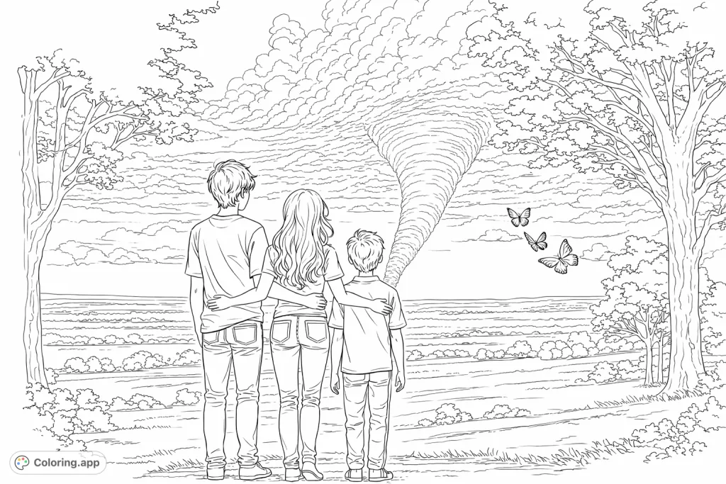Three individuals observe a dramatic funnel cloud in the distance across a vast landscape, framed by trees and delicate flying butterflies.