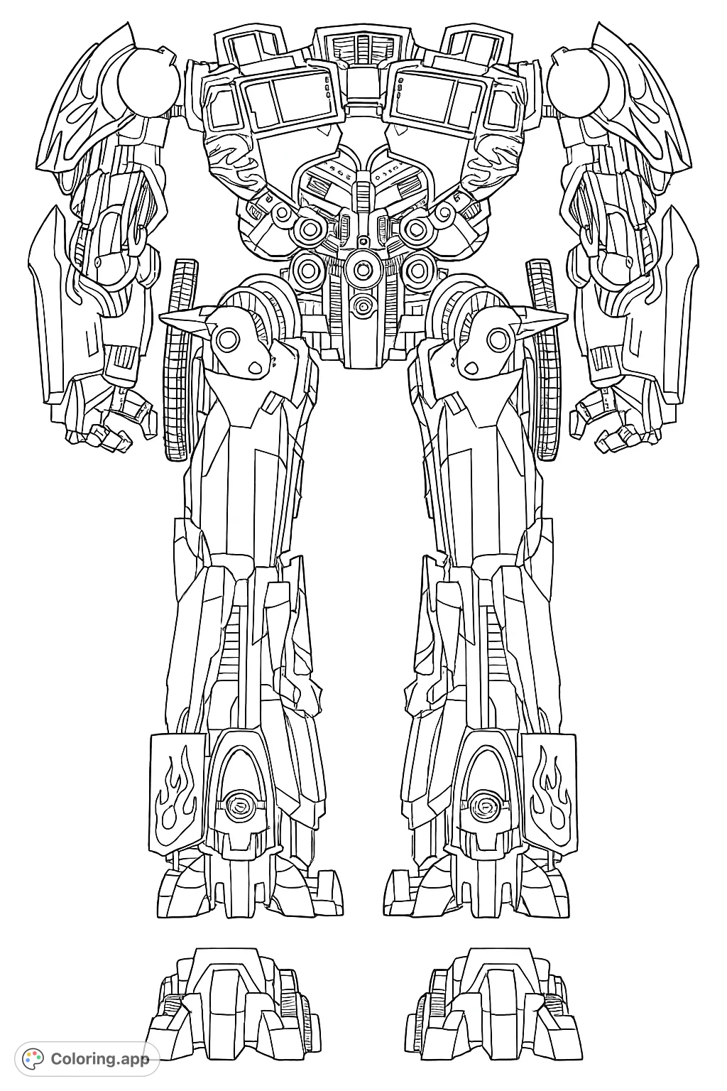 Unleash your creativity on this detailed robot warrior coloring page. Featuring intricate mechanical parts and dynamic flame patterns, perfect for all ages.