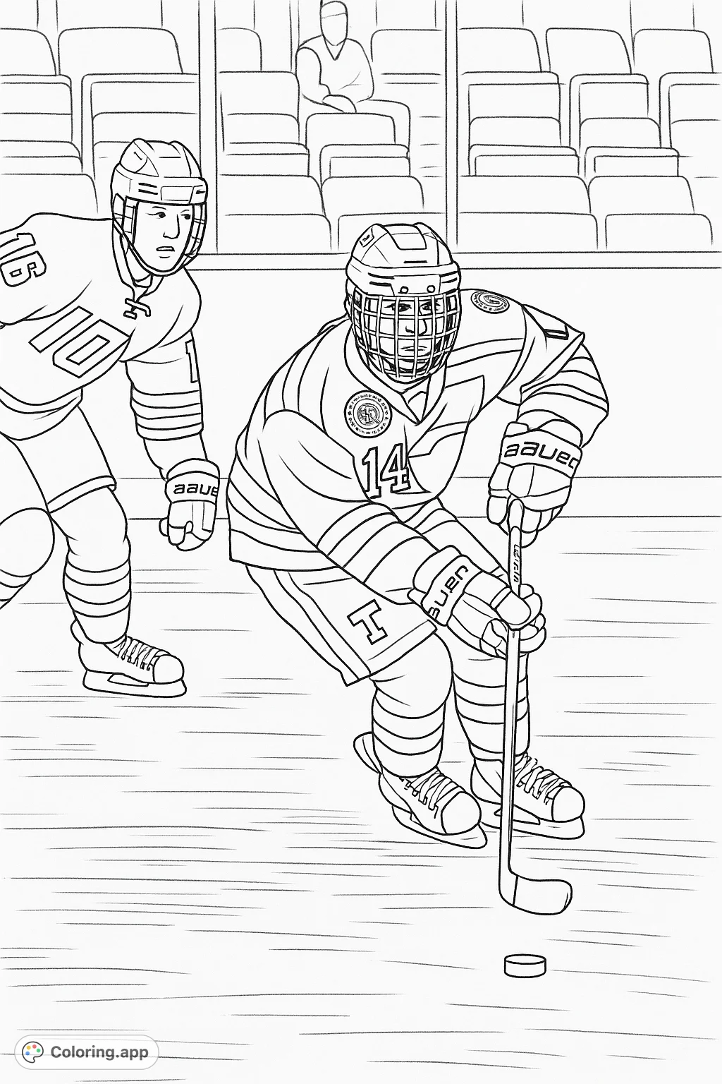 Dynamic ice hockey scene featuring two players in action, perfect for sports enthusiasts to color and bring to life with vibrant team colors.