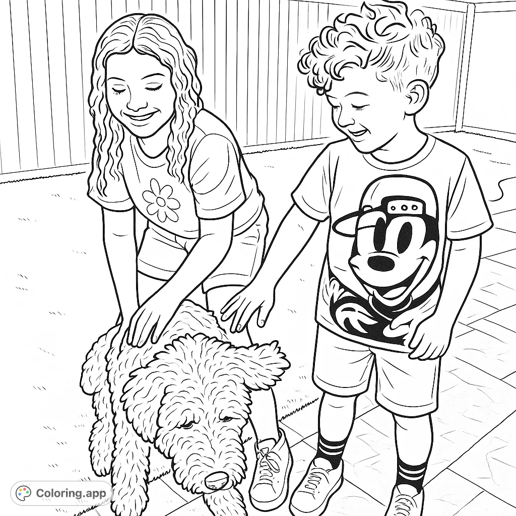 Two happy children lovingly pet their fluffy dog in a playful outdoor scene. A heartwarming animal friendship coloring page for all ages.