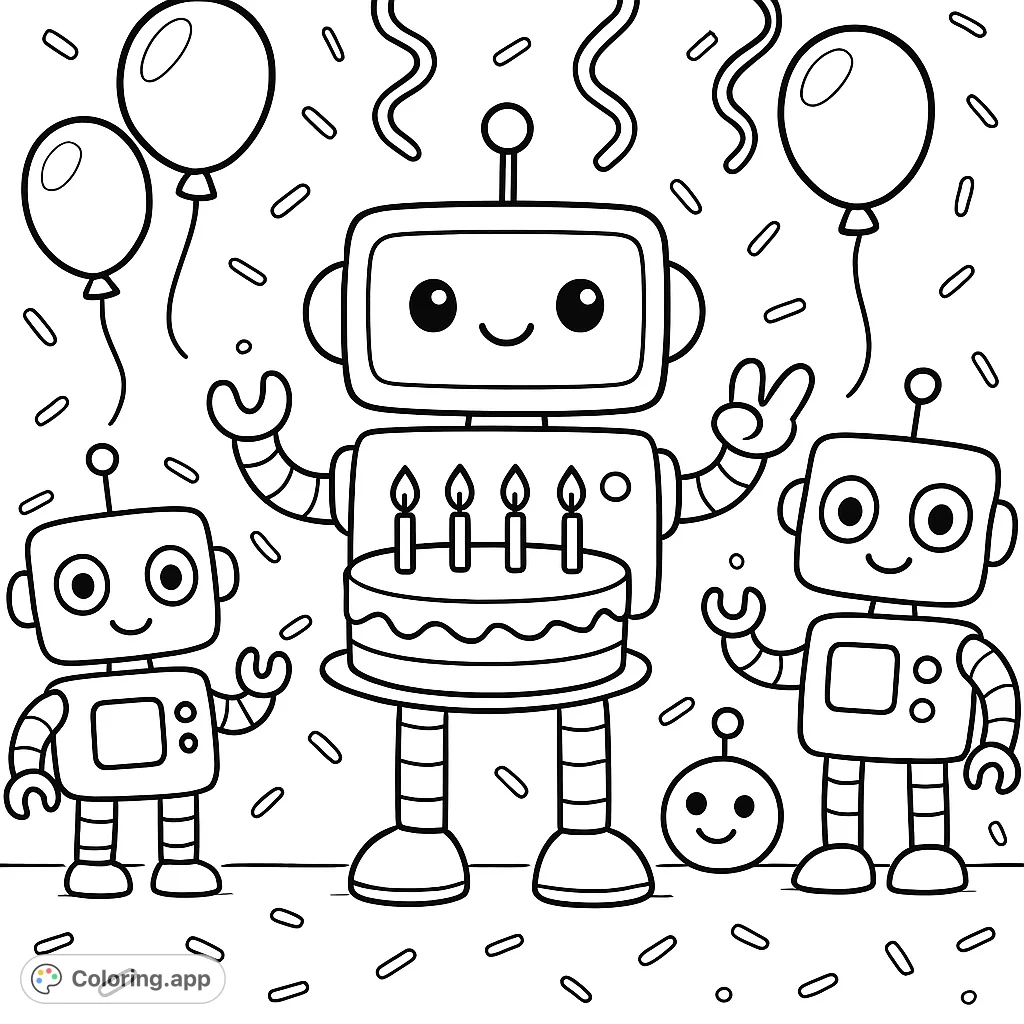 Join a trio of friendly robots celebrating with cake, balloons, and confetti! A fun, festive robot birthday coloring page for all ages.