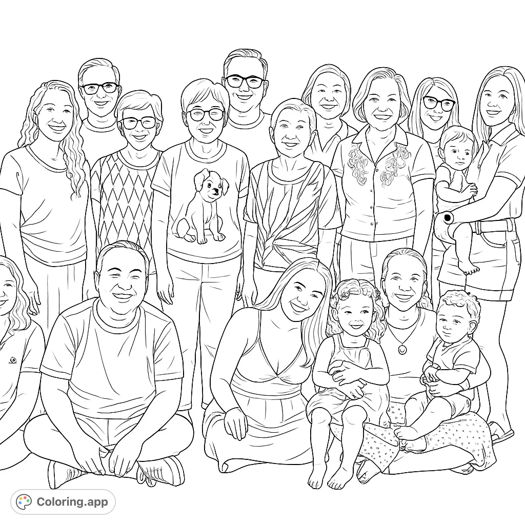 Capture the warmth of a large family gathering with this detailed coloring page. Featuring multiple generations, from infants to elders, in a group portrait.
