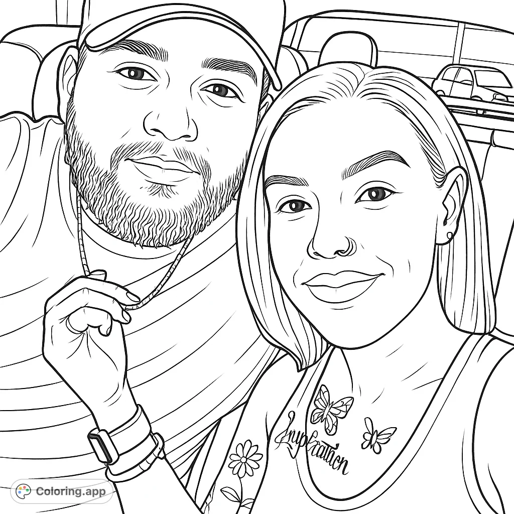 A heartwarming couple's portrait, perfect for personalizing with your favorite shades. Features detailed facial expressions, accessories, and tattoos.