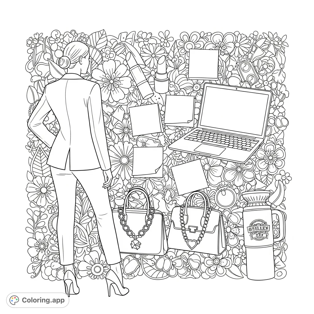 A powerful woman boss silhouette stands before a detailed vision board, showcasing aspirations with floral patterns, tech, fashion, and personal items. Inspire your goals!