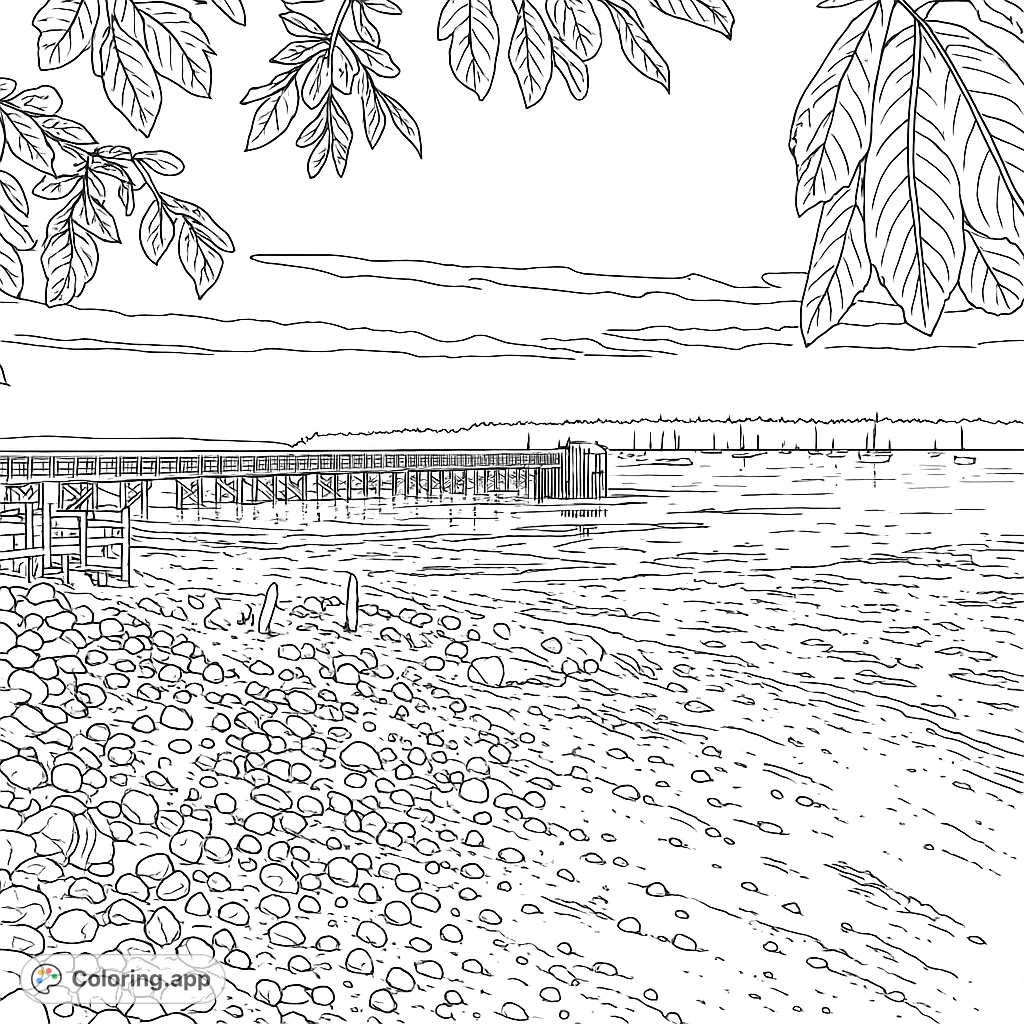 Explore a serene coastal scene featuring a long wooden pier stretching over exposed tidal flats, a rocky shore, and distant boats under a vast sky. Perfect for relaxation.